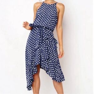 Claudia G Sleeveless Asymmetric‎ HalterTop Dress Womens M Navy White Dot NWOT